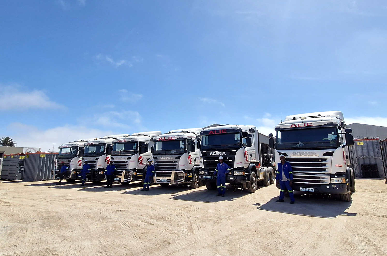 ALIE fleet of branded Scania trucks lined up with operators